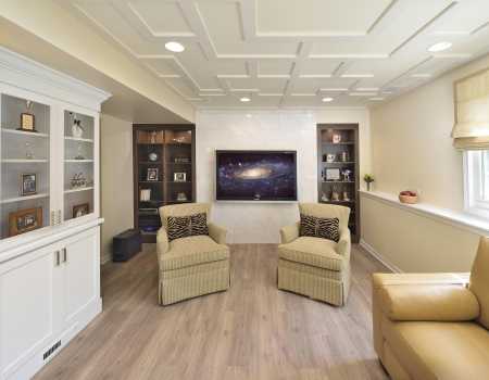 Built-In Shelving and Coffered Ceiling