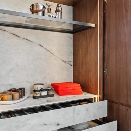 Luxury Custom Coffee Station with Drawers That Match the Backsplash