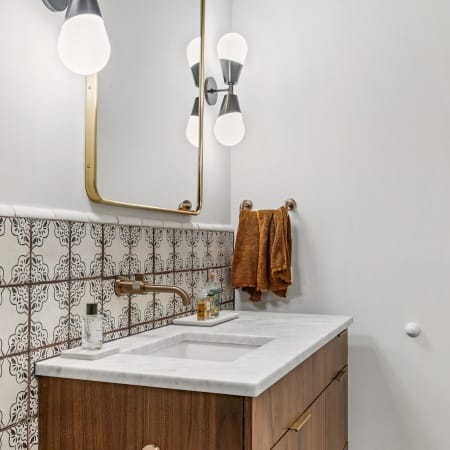 Round Edge Rectangular Mirror with Symmetrical Sconces