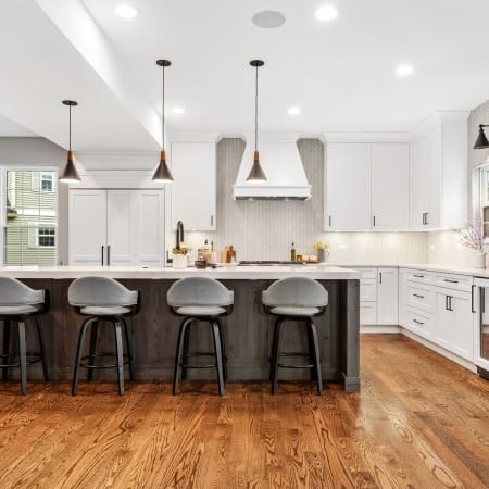 Transitional Entertaining Kitchen with Integrated Island Seating