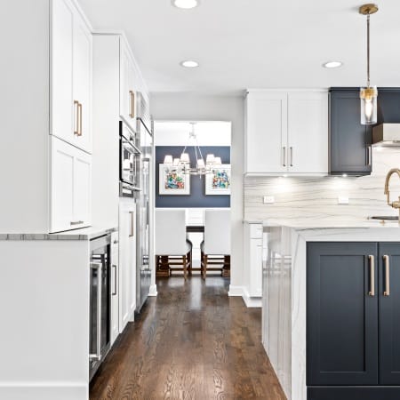 Navy Dining Room, White and Soft Black with Navy Undertones on Shaker Cabinets