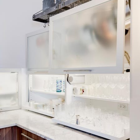 Frosted Glass Front, Lift Up Cabinets, Pull Out Lipped Shelf