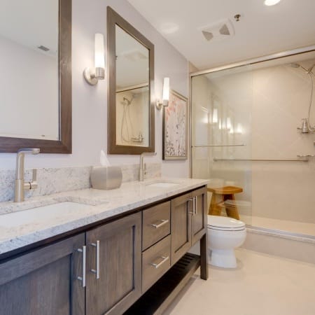 Neutral Tone Half Bath with Double Vanity