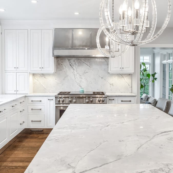 Gorgeous Chandelier Over Entertaining Kitchen