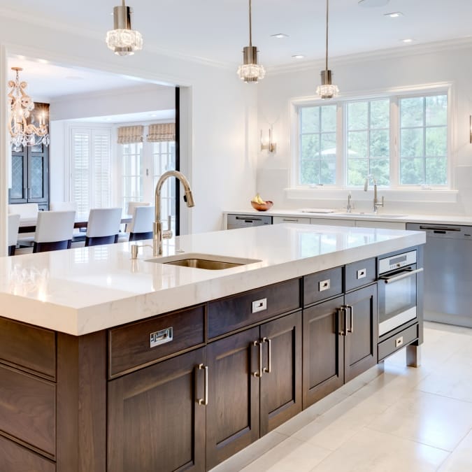 Thickened Edge Mitered Island Countertop with Built-In Microwave