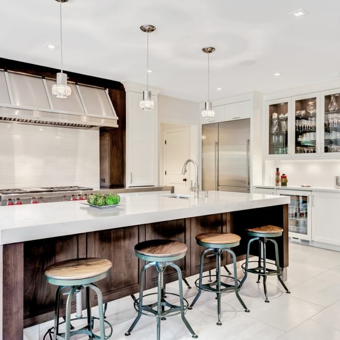 Furniture-style island; Thickened edge mitered island countertop