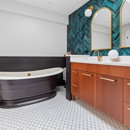 Scalloped Floor Tile with Free Standing Tub and Faucet