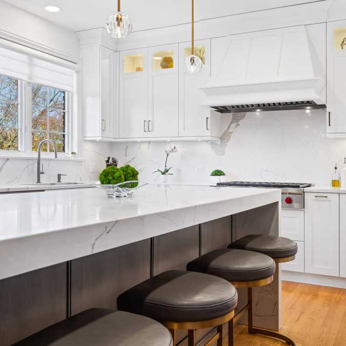 Quartz countertops and pendant lighting