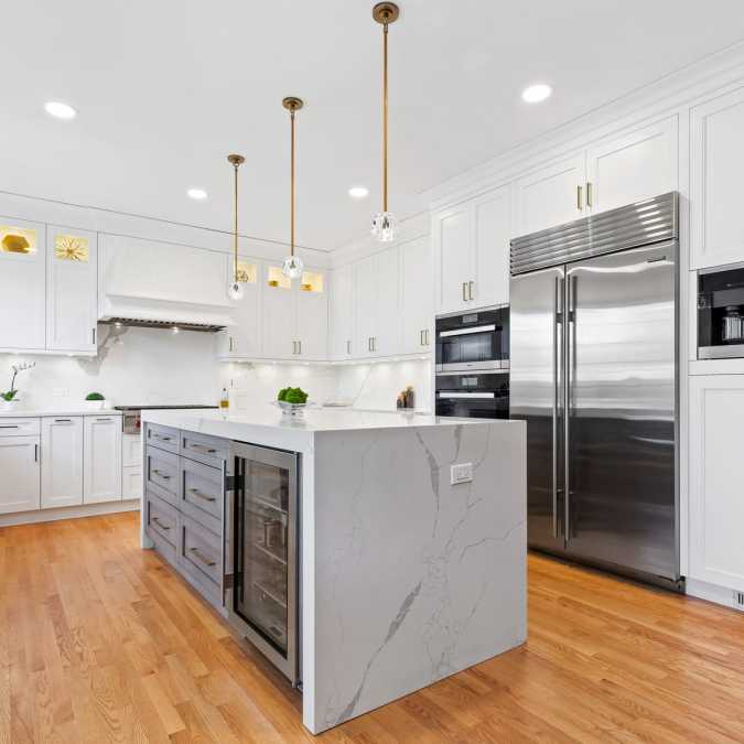 Kitchen island with waterfall mitered edge