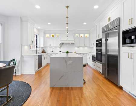 Mitered Edge Waterfall Island with Quartz Countertops