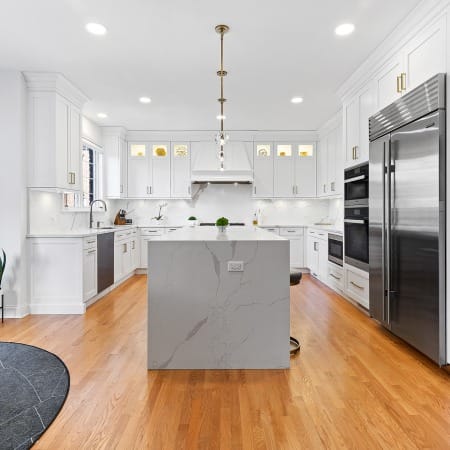 Mitered Edge Waterfall Island with Quartz Countertops