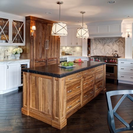 White Perimeter Shaker Cabinets with Glass Front Upper Cabinets