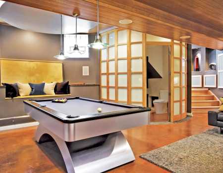 Wood Paneled Ceiling and Rounded Powder Room