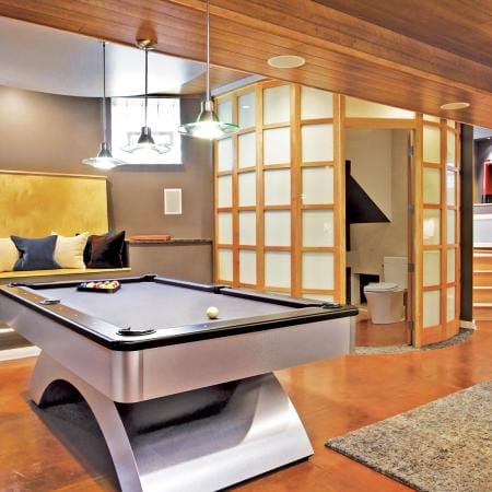 Wood Paneled Ceiling and Rounded Powder Room